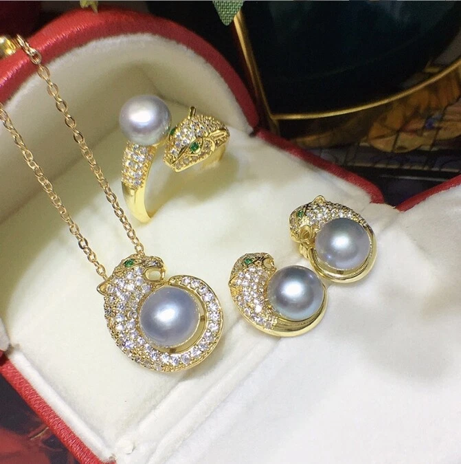 Hermoso AAAA+ 8-9mm Natural South Sea Grey Colgante Pendiente Set 925s.. Foto 3 de 4