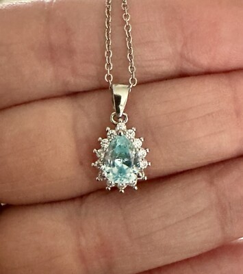 RYZE Blue Teardrop Crystal Necklace With White Frost Cz 925 Sterling Silver 18 