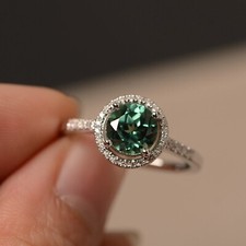 Lab created Green Sapphire Rings Round Cut Halo Rings Silver Engagement Rings