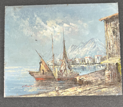 Vintage V. Homin Painting Of Fishing Boat Seaside Landscape