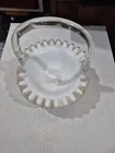 Vtg Fenton White Milk glass Silver Crest Ruffled 8" Basket Original Fenton