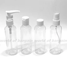 4 pc TRAVEL KIT Empty Bottles Liquid Spray Pump Squeeze Lotion Container Set B87