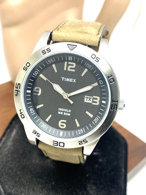 Timex Men's Watch T2N697 Quartz Indiglo Black Dial Leather Band