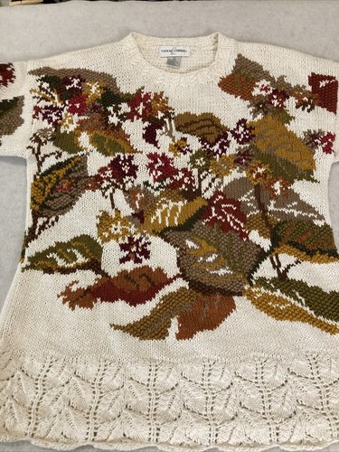 Vtg Casual Corner Tunic Sweater Cream & Fall Leaves SZ L Detail Hem Cottagecore - Picture 13 of 19