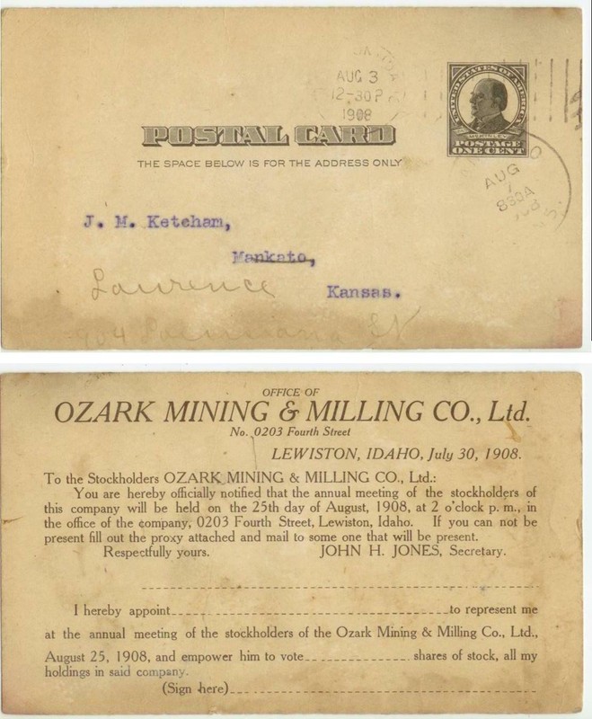 1908 Lewiston Idaho Ozark Mining & Milling Co postal card to Mankato Kansas