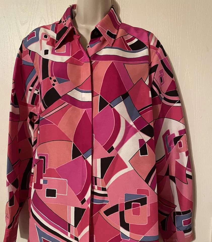 Blusa Top Rosa Manga Larga Para Mujer Geométrica 100% Seda Arte Camisa Top Talla L Foto 2 de 4
