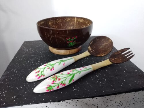 Natural Handmade  Coconut Shell Soup Bowls  With Fork & Spoon Dessert Creative - Picture 1 of 4