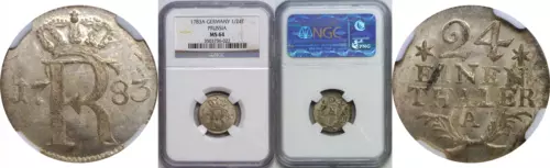 1783 A Germany Prussia 1/24th Thaler Friedrich II (The Great) KM# 296 NGC MS 64
