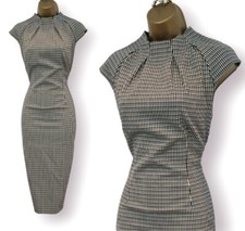 Abito Karen Millen nero bianco quadri tweed collo alto lana balze tubino UK 10