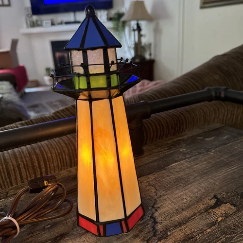 VINTAGE STAINED GLASS Light House Tiffany style Nautical  Beach Night Light Lamp