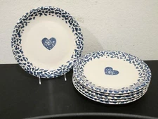 (6) Vintage Tienshan Folk Craft Hearts Blue Sponge Stoneware Dinner Plates