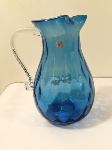 9529 Blenko Cobalt Blue Quilted Optic Pitcher With Clear Handle Labeled 10.5” - Picture 1 of 7