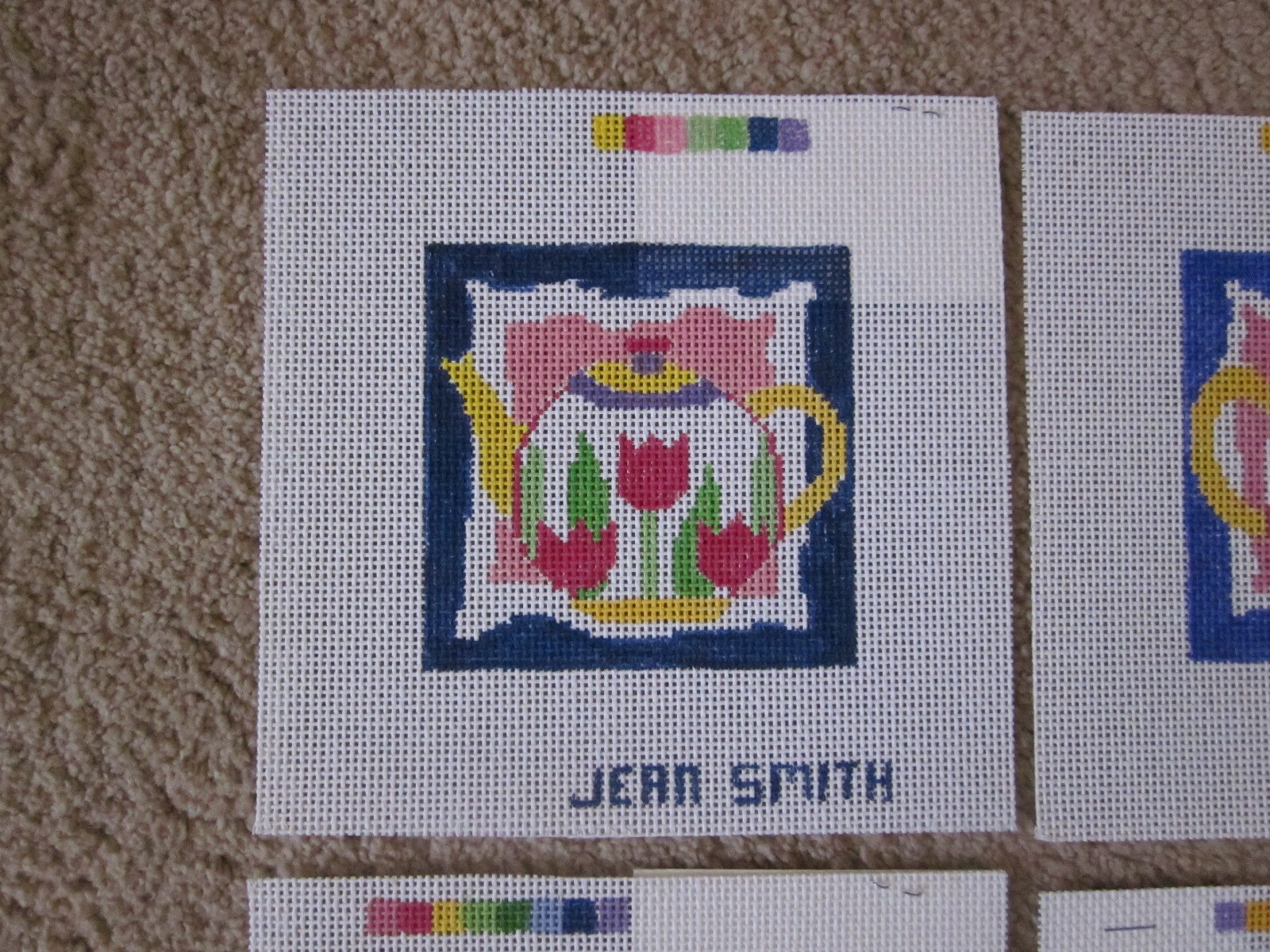 Lot of 6 Jean Smith Coffee; Tea Coasters HP needlepoint canvas 14 mesh
