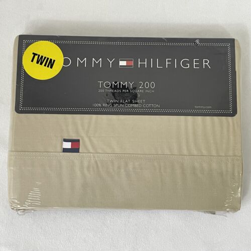 Sábana de cama plana de algodón Tommy Hilfiger ~ Tommy 200 talla doble ~ caqui ~ NUEVA ~ 1998 - Imagen 1 de 2