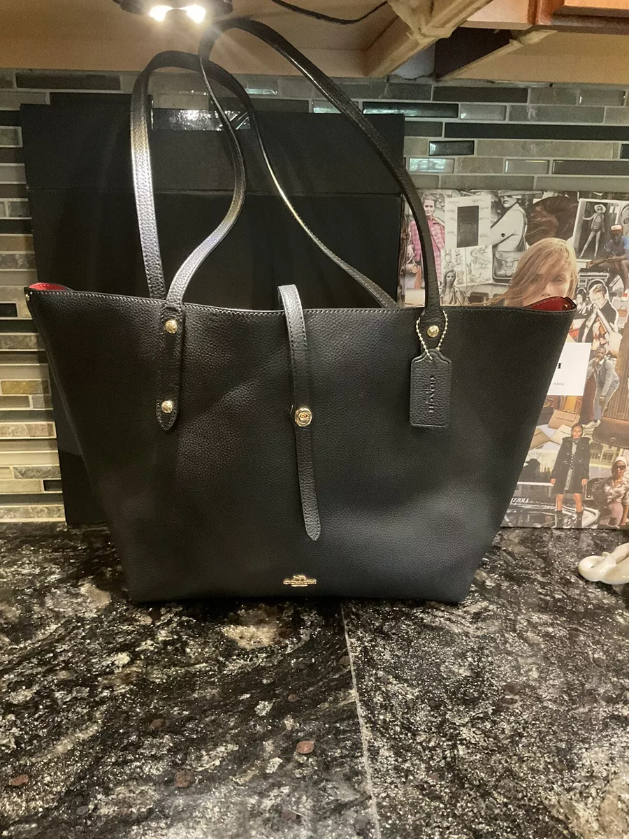 Coach black tote cheap with red interior