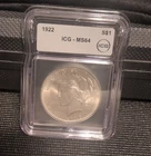 New Listing1922 Peace Silver Dollar $1 0.900 Silver Philadelphia Business Strike ICG MS64
