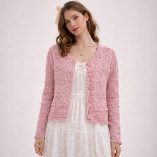 Vintage Crochet Cardigan Pastel Pink Women M Textured Romantic Cottage Grandma