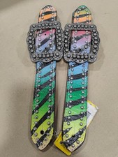 NOS Neon Zebra Painted Leather Spur Straps With Large Buckles W Tags