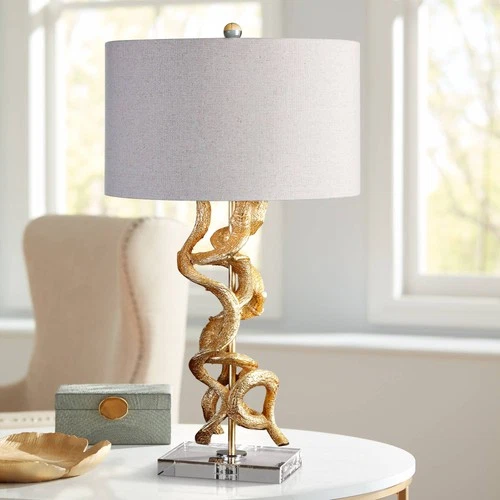 Modern Table Lamp 28 1/2" Tall Bright Gold Leaf Oatmeal Shade Living Room House - Picture 1 of 2