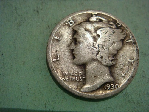 1930 P Mercury Dime Good worn cond , actual coin in photo, almost full xf