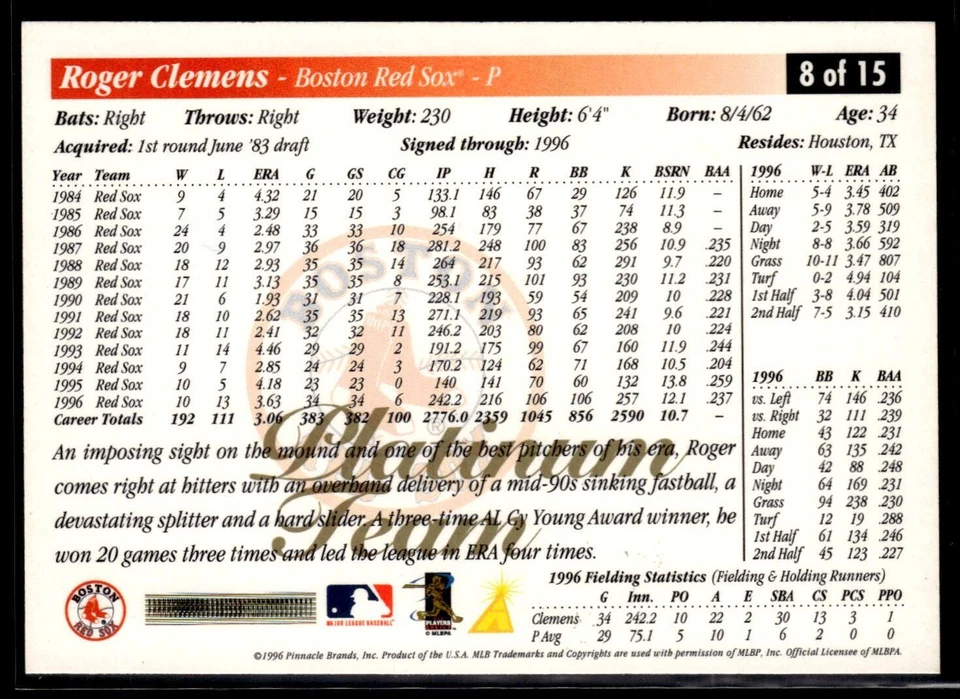 1997 Score Baseball ROGER CLEMENS #8 Rare Platinum Team Red Sox INSANE! N1607 - Image 2 of 3