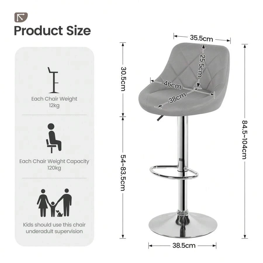 2x Bar Stools Gas Lift Swivel Stools Home Breakfast Pub Counter Chair PU Leather - Image 2 of 4