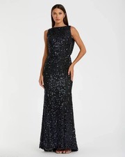 Mac Duggal Midnight Cowl Back Boat Neck Sequined Evening Gown SIZE 2 $398 26331