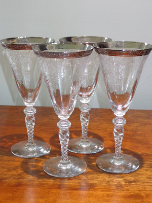 4 Morgantown Elegant Glass Carlton Marco Platinum Etched Water Goblets