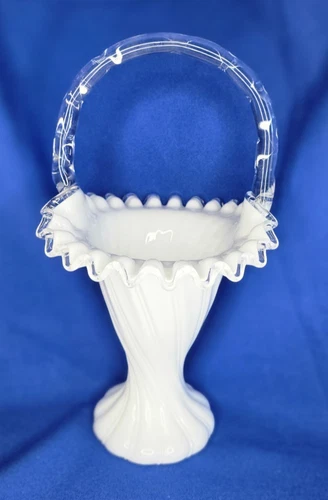 Fenton silver crest White tall twisted basket bamboo clear handle milk glass