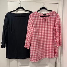 2 Talbots Womens XL Tops Gingham Tie Neck 3/4 Sleeve Cotton Pink Casual Black