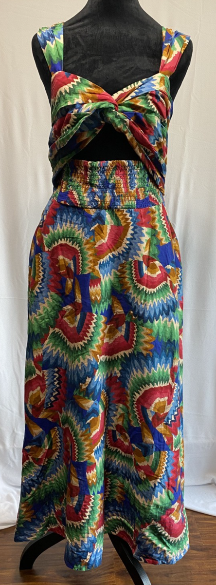 Farm Rio Toucan Print Midi Dress M Blue Smocked Linen Blend NWT | eBay