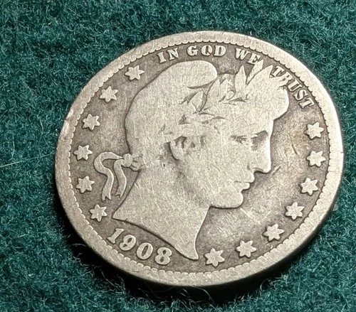 1908-P  " Barber  Quarter " (90% Silver)  Coin