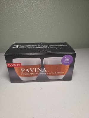 Bodum Pavina Cups White Porcelain Purple Silicone Grip Espresso Shot 2.5oz x 2