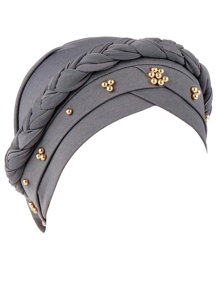 Chapéu Turbans trançado pérolas douradas quimioterapia perda de cabelo feminino headwear boné de enfermagem hijab - Imagem 3 de 3