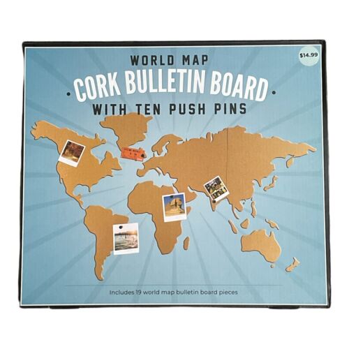 World Map Cork Bulletin Board Notes Reminders Photos with Push Pins New