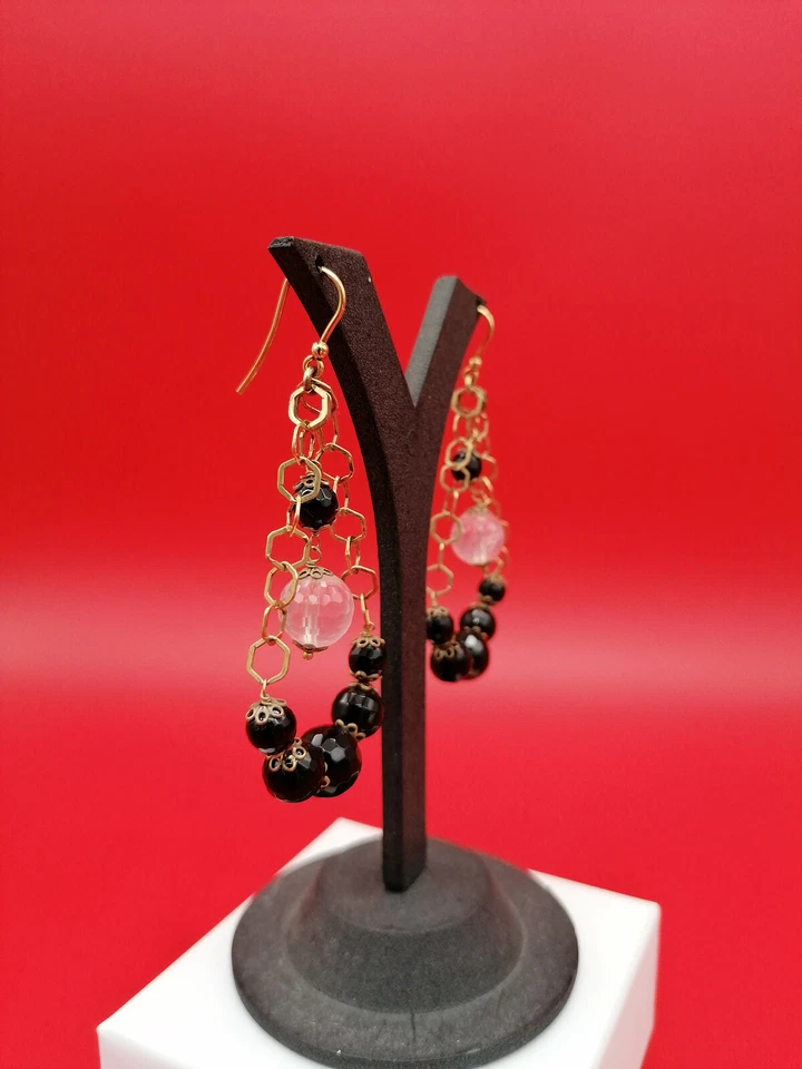 Pendientes de Mujer Plata Chapada en Oro Ónix Negro Cuarzo Rosa Colgantes - Imagen 3 de 4