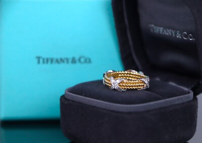 $9200 Tiffany Co Schlumberger 18K Gold Platinum Diamond 3 Row Rope