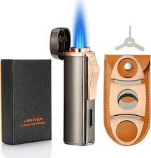 420 Carbon Steel 𝐂𝐮𝐭𝐭𝐞𝐫 and Lighter Set, Built-In 𝐏𝐮𝐧𝐜𝐡, Triple Jet