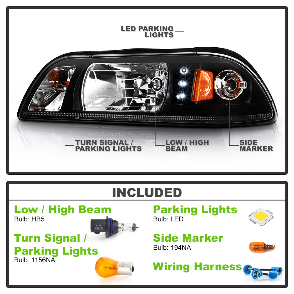 1987-1993 Mustang 6in1 LED 1PC Black Headlights w/Built In Corner 