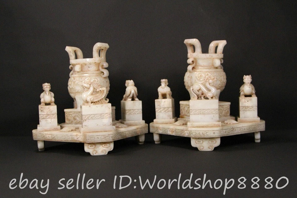 7" Old Chinese Hetian Jade Nephrite Dragon Seal Signet incense burner Set - Image 3 of 4