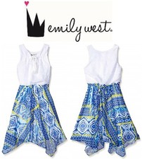Emily West Girls' Crochet Bodice Chiffon Skirt Dress Knit Top Blue Sun Dresses