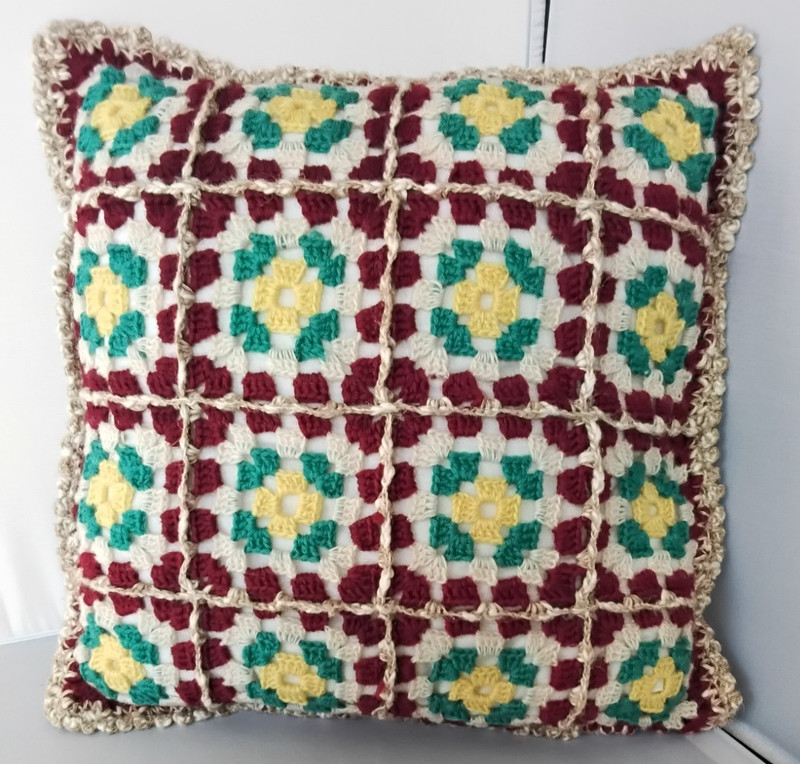 Hand Crochet Granny Square Throw Pillow Brown/Beige/Green/Yellow 14"x14"
