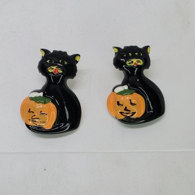 Whimsical Vintage Black Cat Jack o Lantern Halloween Earrings Pierced Pumpkin