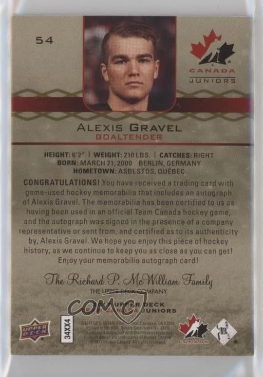 2017 Upper Deck Team Canada Juniors Premium Materials /199 Alexis Gravel Auto - Image 2 of 2
