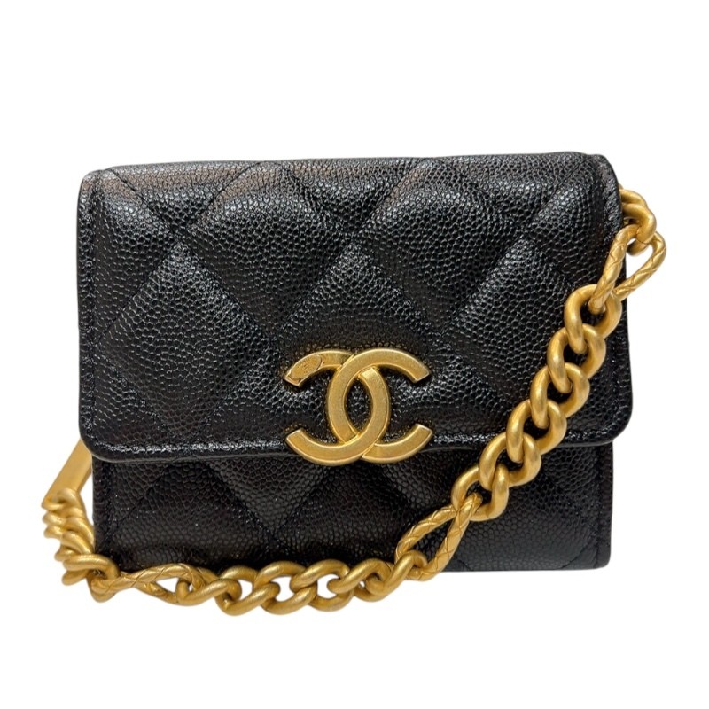 CHANEL Black Caviar Matelassé Chain Card Case with Gold Hardware Shoulder Bag