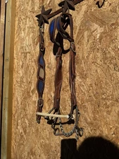 USED BLUE SILVER INLAY TACK SET HACKAMORE QUALITY LEATHER HEADSTALL WITHER STRAP