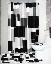4 Pcs Black Shower Curtain Sets with Non Slip Rugs, Toilet Lid Cover and Bath...