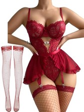 Babydoll Lingerie for Women Lace Up Mesh Chemise Nightgown with Garter Belt B...