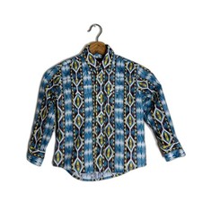 Wrangler Shirt Boys Small Blue Yellow Aztec Western Pearl Snap Rodeo Southwest