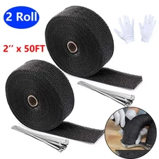 2 Roll x 2" 50FT Exhaust Wrap Header Manifold Fiberglass Heat Wrap Tape Black US